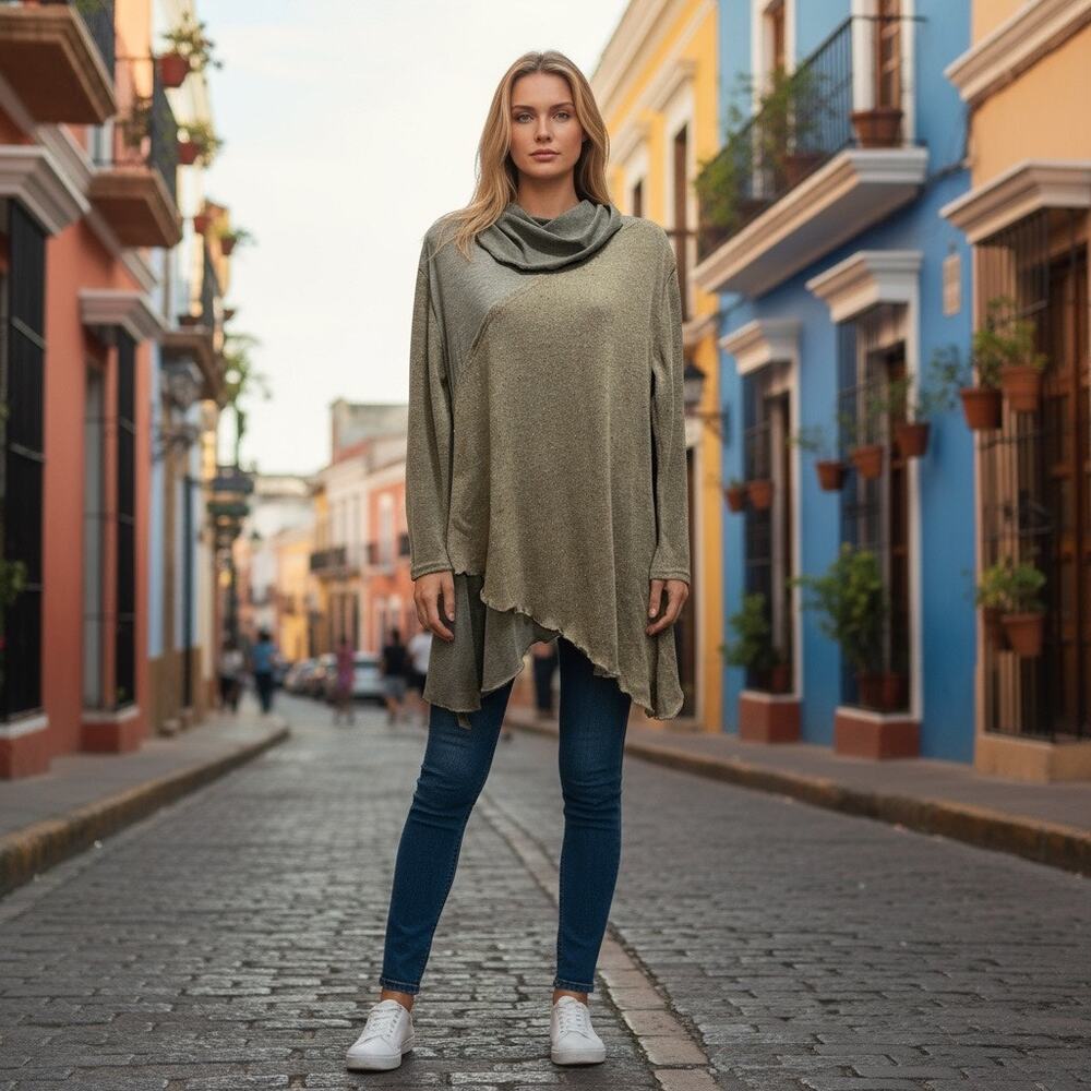 Women's Boho Cowl Neck Asymmetrical Tunic Top L Olive Lagenlook Cotton Blend